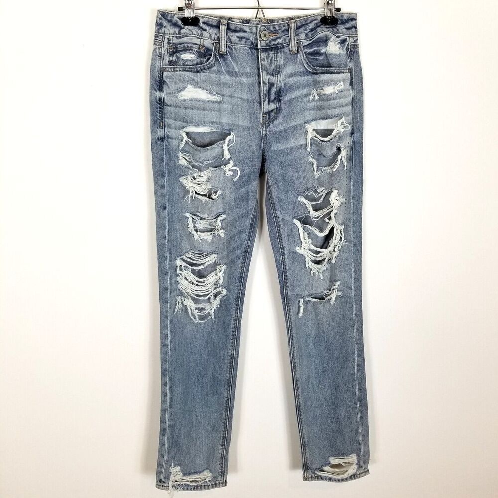 American Eagle AE Women Tomgirl Destroyed‎ Jeans Size 8 Long Blue Denim Mid Rise